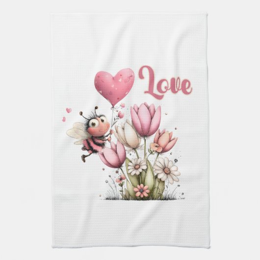 Cute Bee Love Heart Balloon Spring Flowers Geschirrtuch (Vertikal)