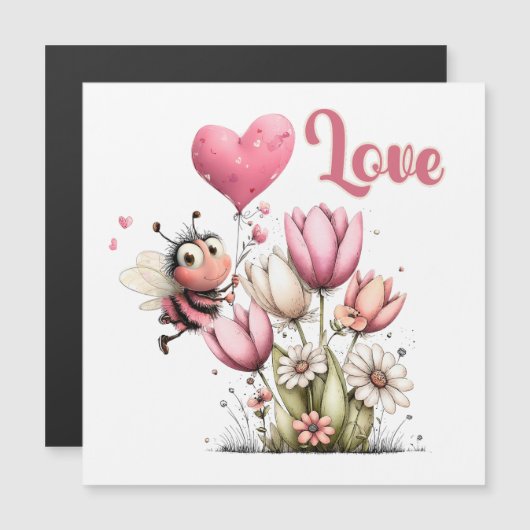 Cute Bee Love Heart Balloon Spring Flowers Magnet (Vorne/Hinten)