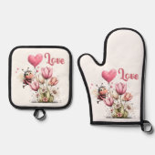 Cute Bee Love Heart Balloon Spring Flowers Ofenhandschuh & Topflappen-Set (Vorderseite)