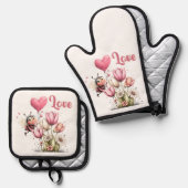 Cute Bee Love Heart Balloon Spring Flowers Ofenhandschuh & Topflappen-Set (Vorderseite/Rückseite)