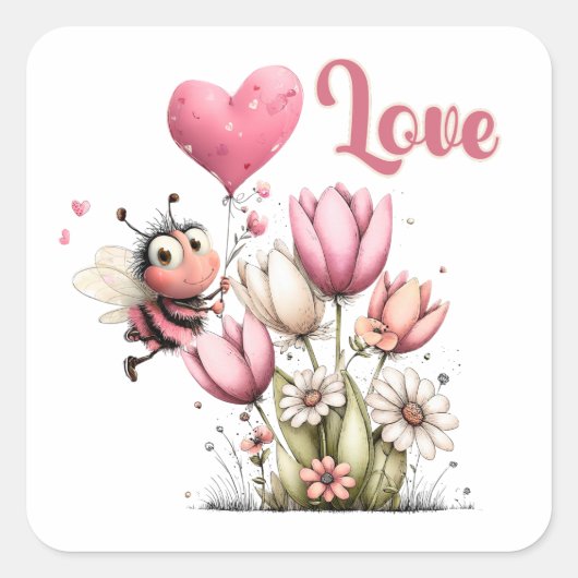 Cute Bee Love Heart Balloon Spring Flowers Quadratischer Aufkleber (Vorderseite)