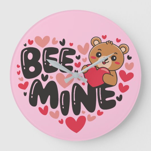 Cute Bee Mine Teddy Bear Valentine's Day Große Wanduhr (Vorderseite)