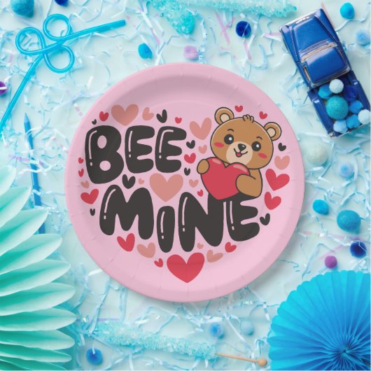 Cute Bee Mine Teddy Bear Valentine's Day Pappteller (Party)