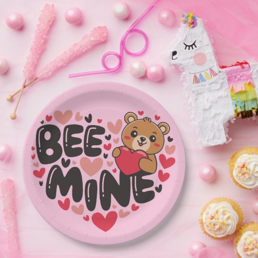Cute Bee Mine Teddy Bear Valentine's Day Pappteller (Party)