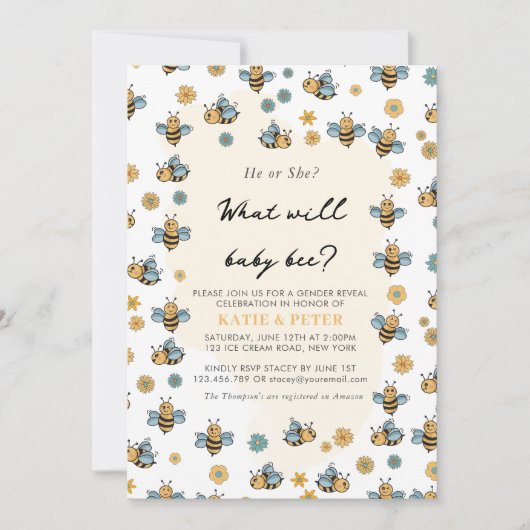Cute Bee & Wildflowers Gender Reveal Einladung (Vorderseite)