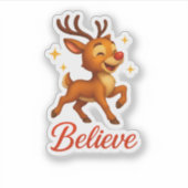 Cute “Believe” Reindeer Christmas Sticker (Vorderseite)