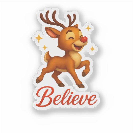 Cute “Believe” Reindeer Christmas Sticker (Vorderseite)