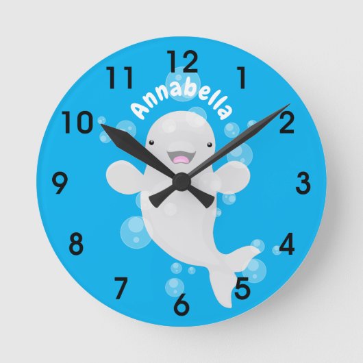 Cute beluga whale bubbles cartoon illustration runde wanduhr (Vorderseite)