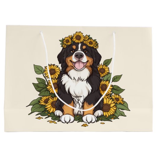 Cute Bernese Mountain Dog Wearing Sunflower Crown Große Geschenktüte (Rückseite)