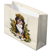 Cute Bernese Mountain Dog Wearing Sunflower Crown Große Geschenktüte (Vorderseite Schrägansicht)