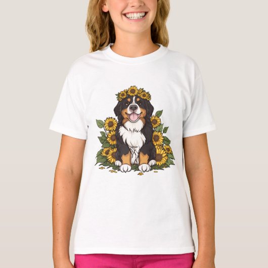 Cute Bernese Mountain Dog Wearing Sunflower Crown T-Shirt (Vorderseite)