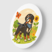 Cute Bernese Mountain Dog with Sunflower & Butterf Große Wanduhr (Winkel)