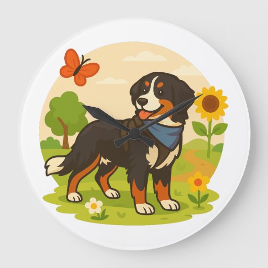 Cute Bernese Mountain Dog with Sunflower & Butterf Große Wanduhr (Vorderseite)