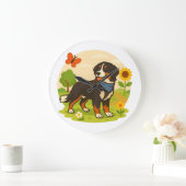 Cute Bernese Mountain Dog with Sunflower & Butterf Große Wanduhr (Zuhause)