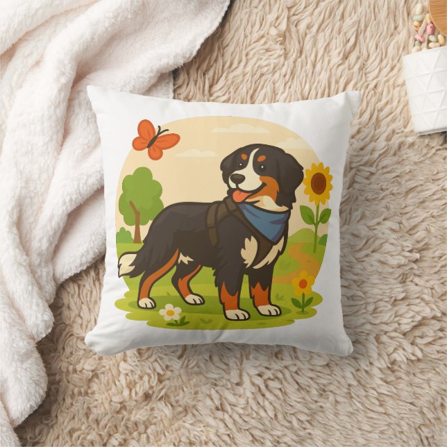 Cute Bernese Mountain Dog with Sunflower & Butterf Kissen (Decke)