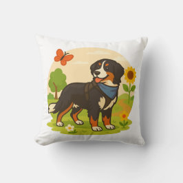 Cute Bernese Mountain Dog with Sunflower & Butterf Kissen
