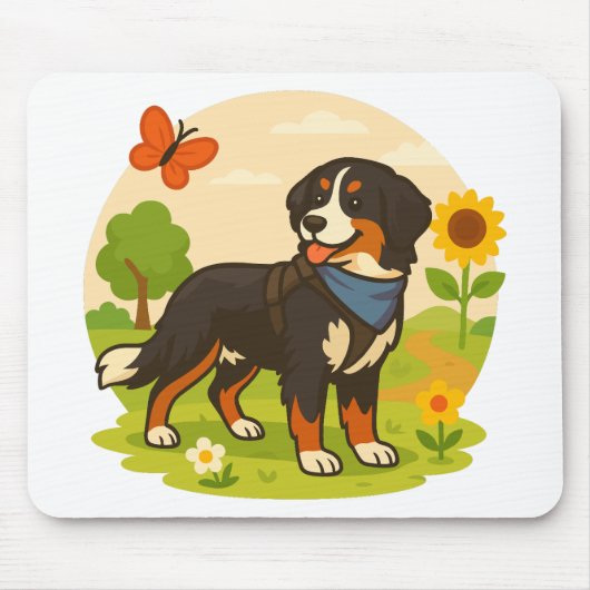Cute Bernese Mountain Dog with Sunflower & Butterf Mousepad (Vorne)