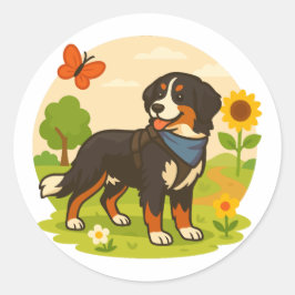 Cute Bernese Mountain Dog with Sunflower & Butterf Runder Aufkleber