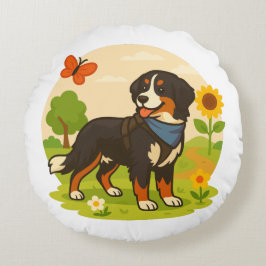 Cute Bernese Mountain Dog with Sunflower & Butterf Rundes Kissen