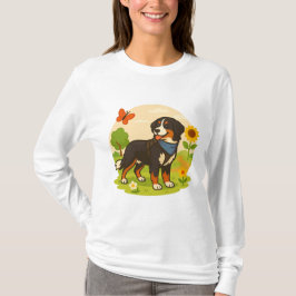 Cute Bernese Mountain Dog with Sunflower & Butterf T-Shirt