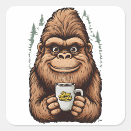 Cute Bigfoot Drinking Coffee Funny Sasquatch Quadratischer Aufkleber