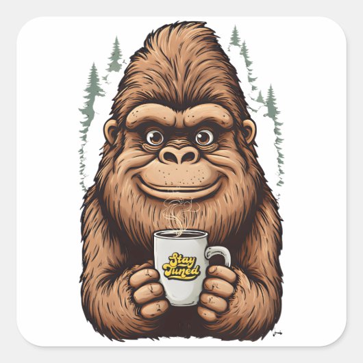 Cute Bigfoot Drinking Coffee  Funny Sasquatch  Quadratischer Aufkleber (Vorderseite)
