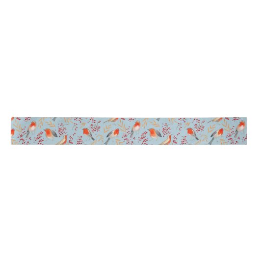 Cute Bird Blue Robin Winter Christmas Pattern Satinband (Vorderseite)