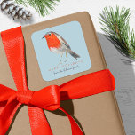 Cute Bird Red Robin Blue Christmas  Quadratischer Aufkleber<br><div class="desc">A cute bird botanical mailing label for your Christmas holiday post featuring cute hand painted red robin bird illustration on a snow white background sky. Original artwork by Caroline Bonne Müller</div>