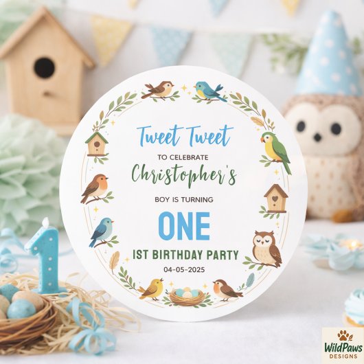 Cute Birds 1st Birthday Party – Fun Kids  Runder Aufkleber
