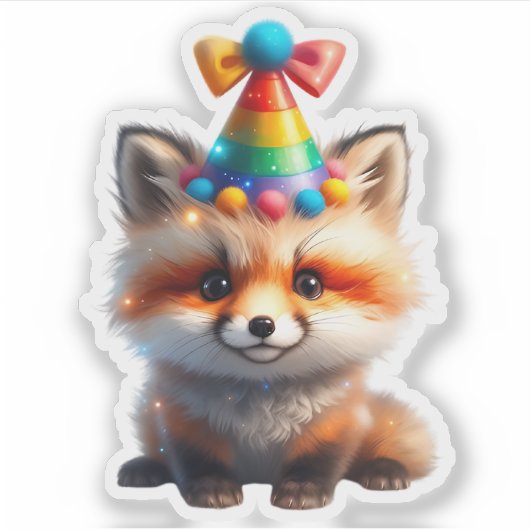 Cute Birthday Fox with Rainbow Party Hat Sticker (Vorderseite)