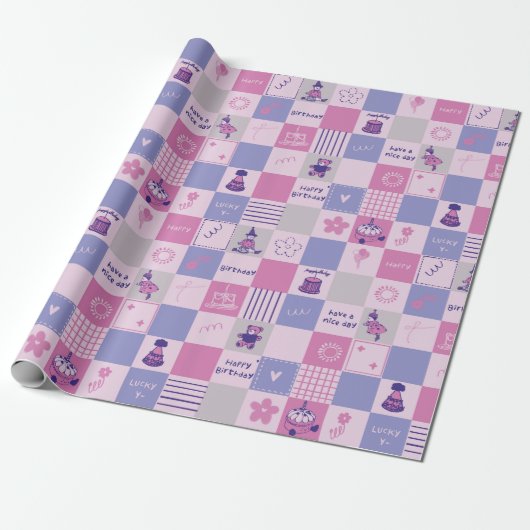 Cute Birthday Squares – Pink modern Pattern Geschenkpapier (Ungerollt)