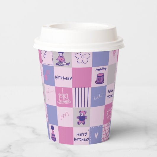 Cute Birthday Squares – Pink modern Pattern Pappbecher (Rückseite)