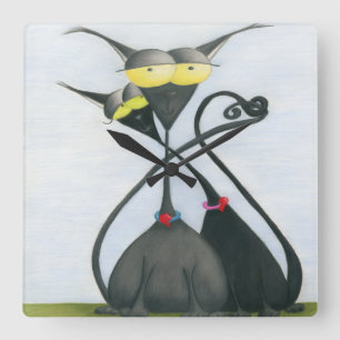 Cute Black and Grey Cat Cartoon Quadratische Wanduhr