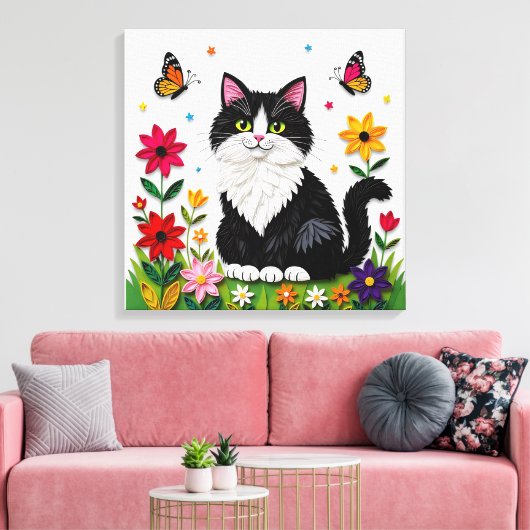 Cute Black and White Cat, Flowers and Butterflies Leinwanddruck (Insitu (Wohnzimmer))
