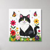 Cute Black and White Cat, Flowers and Butterflies Leinwanddruck (Vorderseite)