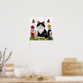 Cute Black and White Cat, Flowers and Butterflies Poster (Küche)