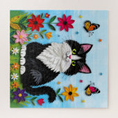 Cute Black and White Cat, Flowers and Butterflies Puzzle (Horizontal)