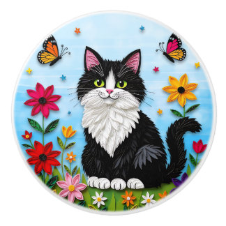 Cute Black and White  Folk Art Cat and Flowers Keramikknauf