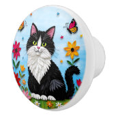 Cute Black and White  Folk Art Cat and Flowers Keramikknauf (Rechts)