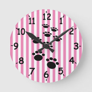 Cute Black Cartoon Pet Paws And Stripes Round Cloc Runde Wanduhr