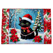 Cute Black Cat and Poinsettia Christmas Große Geschenktüte (Vorderseite)