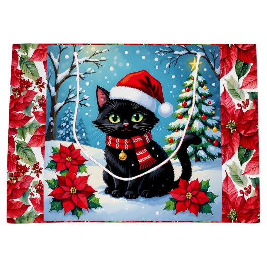Cute Black Cat and Poinsettia Christmas Große Geschenktüte (Vorderseite)