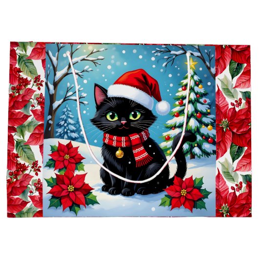 Cute Black Cat and Poinsettia Christmas Große Geschenktüte (Rückseite)
