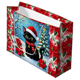 Cute Black Cat and Poinsettia Christmas Große Geschenktüte