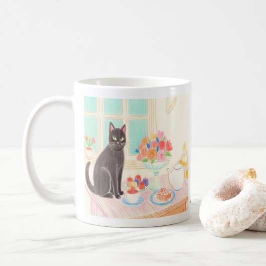 Cute Black Cat at Tea Party Mug Kaffeetasse (Mit Donut)