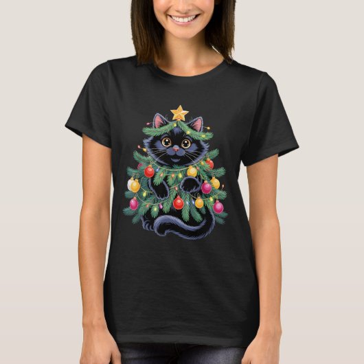 Cute Black Cat Christmas Tree Funny Kitten Lover X T-Shirt (Vorderseite)