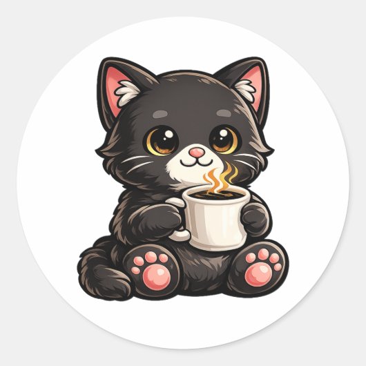 Cute Black Cat Coffee – Cozy Kawaii Cat Illustrati Runder Aufkleber (Vorderseite)