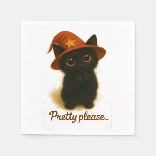Cute Black Cat Emi Begging Pose – Kawaii Witch Hat Serviette (Vorderseite)