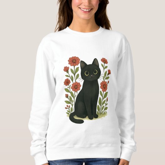 Cute Black Cat & Flower Garden Women’s sweatshirt (Vorderseite)