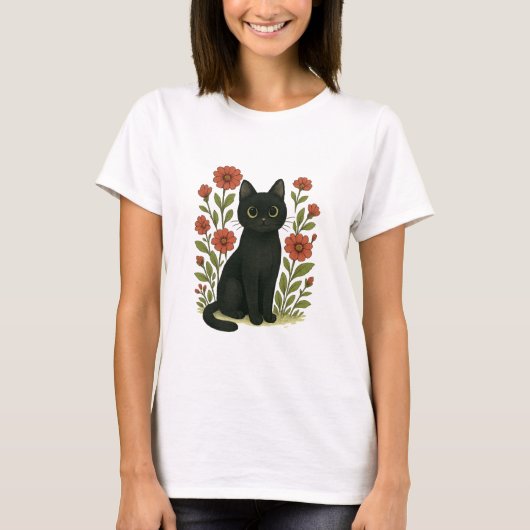 Cute Black Cat & Flower Garden Women’s Tee (Vorderseite)